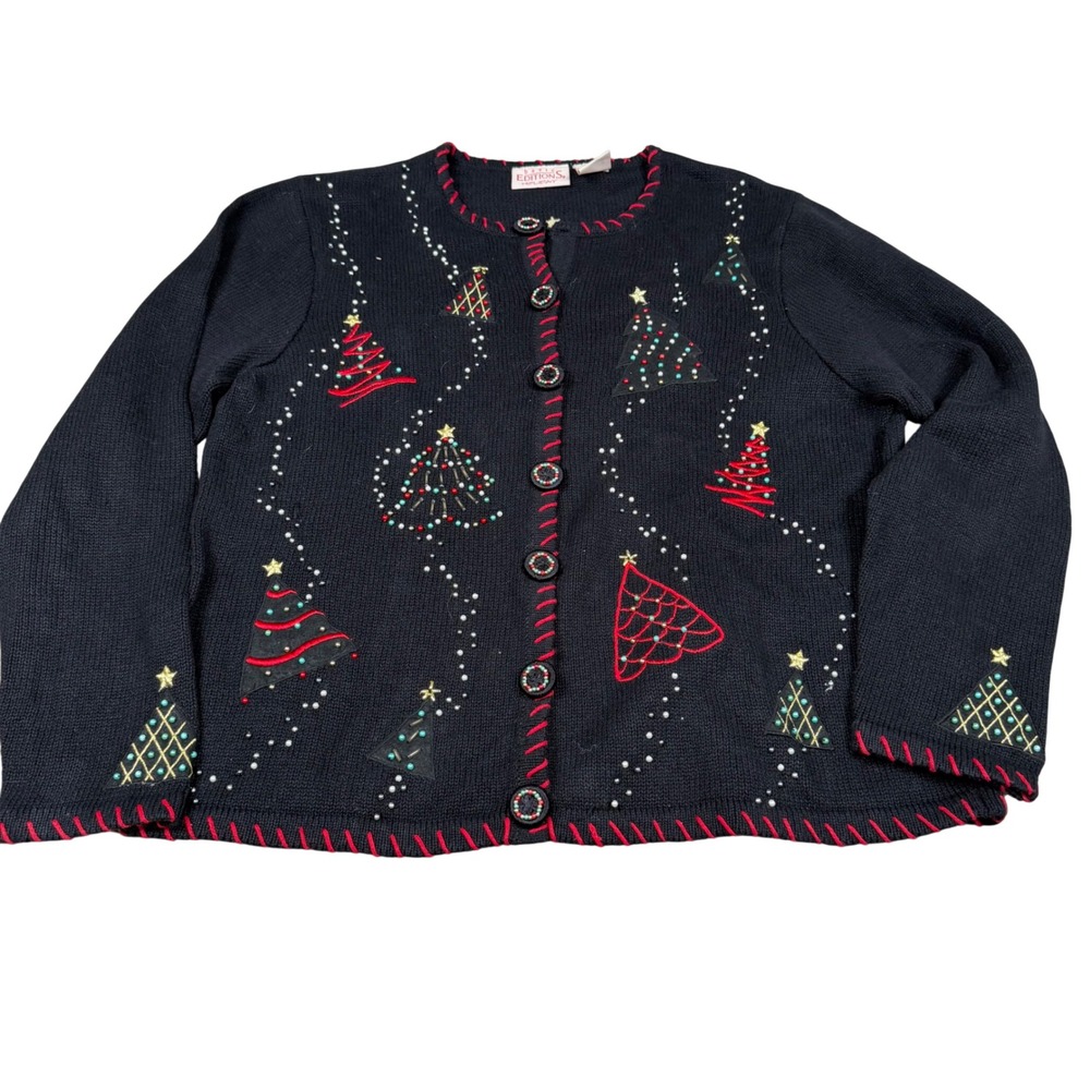 Christmas Sweater Holiday Large Black Christmas Tree Beaded Cardigan Vintage